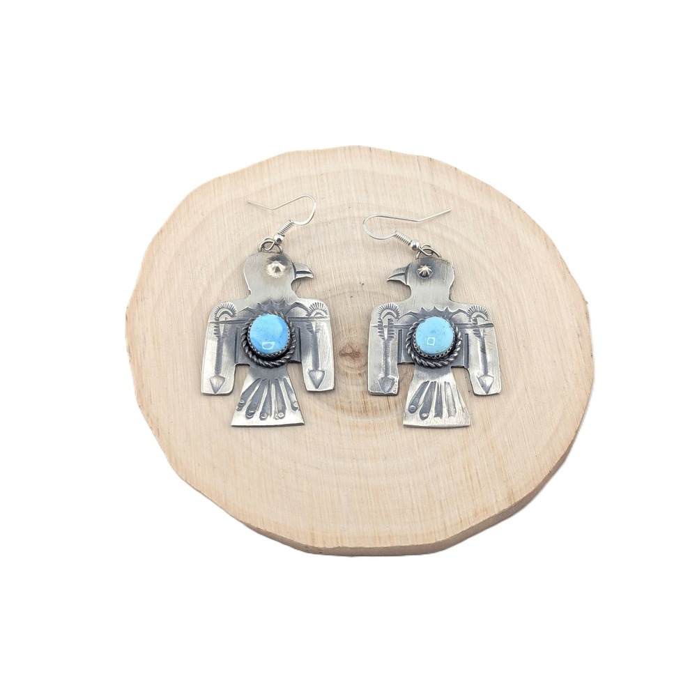 Navajo Thunderbird Golden Hills Turquoise Earrings Handmade NA Sterling Jewelry* - Picture 8 of 11